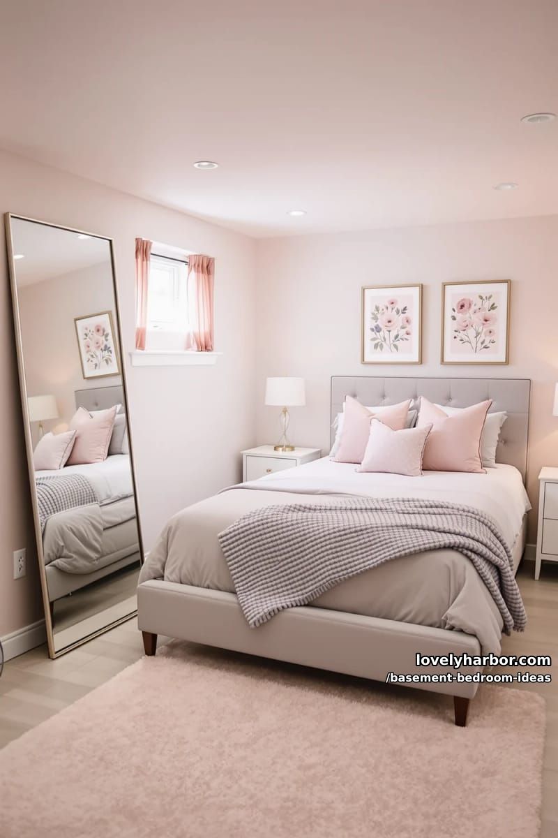 Soft blush and gray palette with oversized floor mirror and floral art prints 1