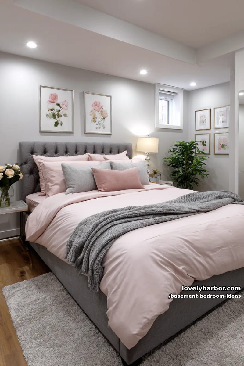Soft blush and gray palette with oversized floor mirror and floral art prints 1