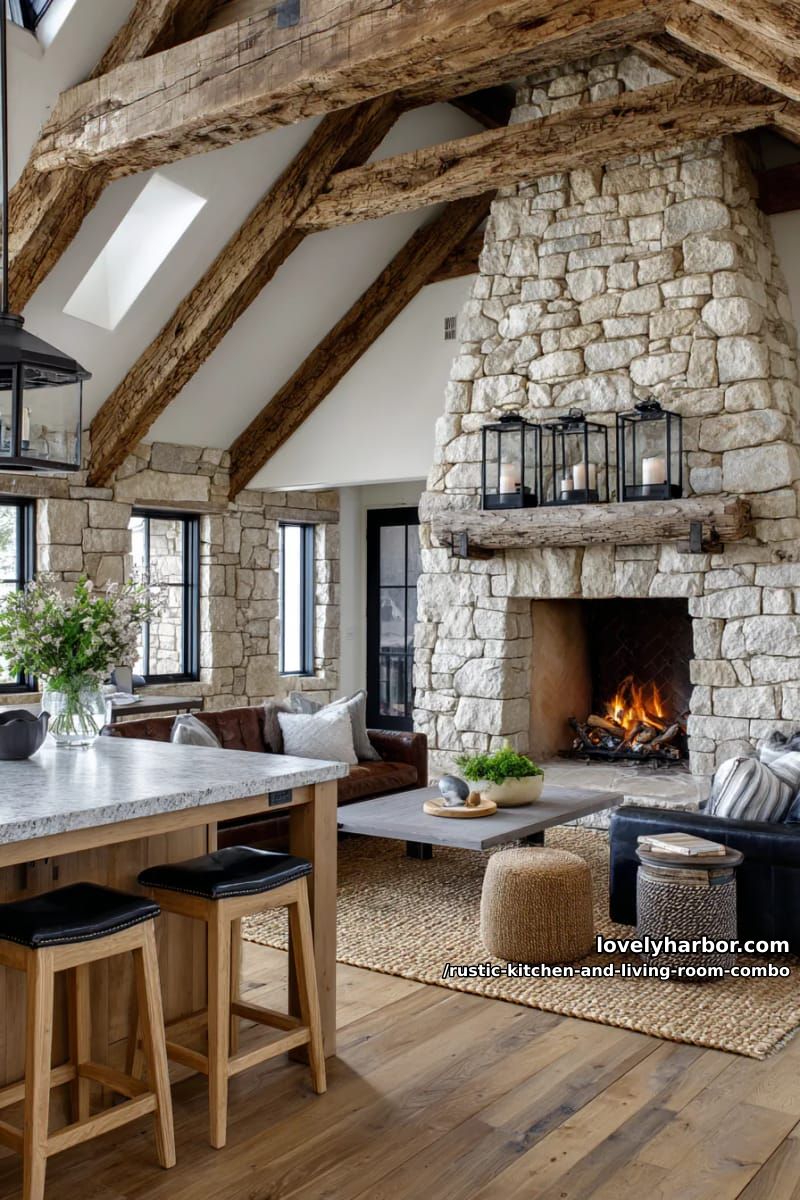 15 Rustic Kitchen and Living Room Combos for Modern Homes 18 Stone fireplace as a common focal point between the kitchen and living room 1