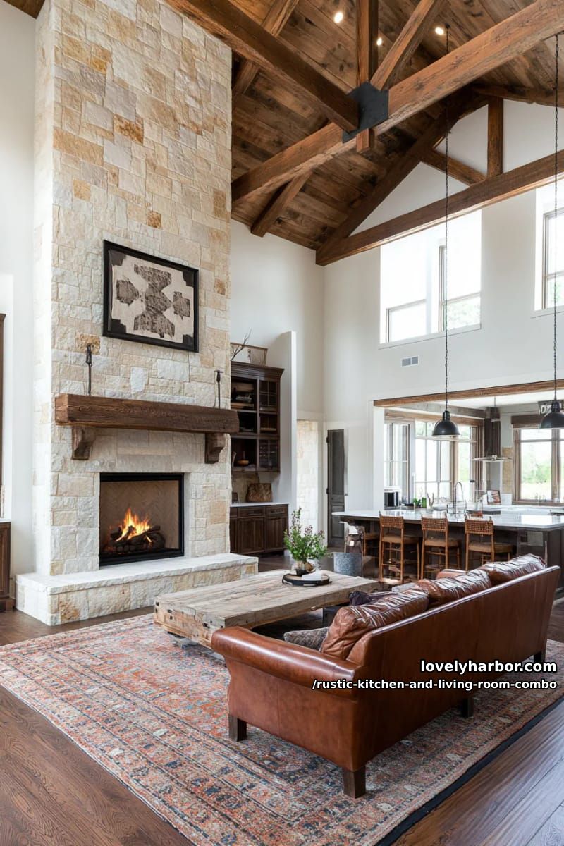 15 Rustic Kitchen and Living Room Combos for Modern Homes 19 Stone fireplace as a common focal point between the kitchen and living room 1