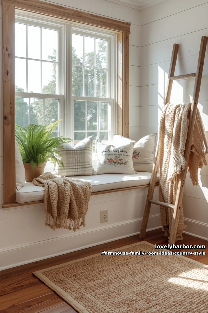 Sunlit window seat surrounded by farmhouse pillows and woven blanket, Ladder 1