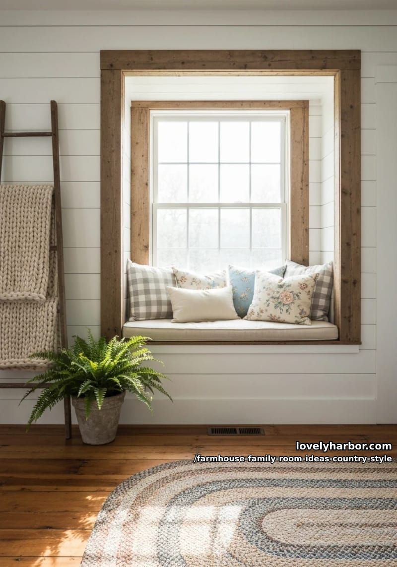 Sunlit window seat surrounded by farmhouse pillows and woven blanket, Ladder 1