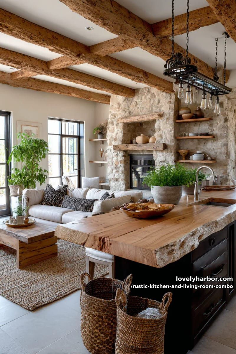 15 Rustic Kitchen and Living Room Combos for Modern Homes 13 Hanging wrought iron lighting over living wood island 1