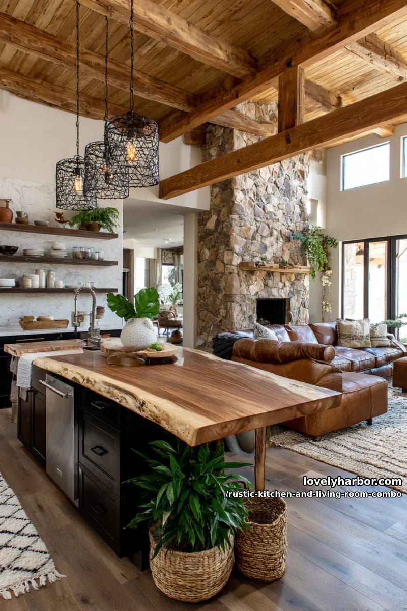 15 Rustic Kitchen and Living Room Combos for Modern Homes 14 Hanging wrought iron lighting over living wood island 1