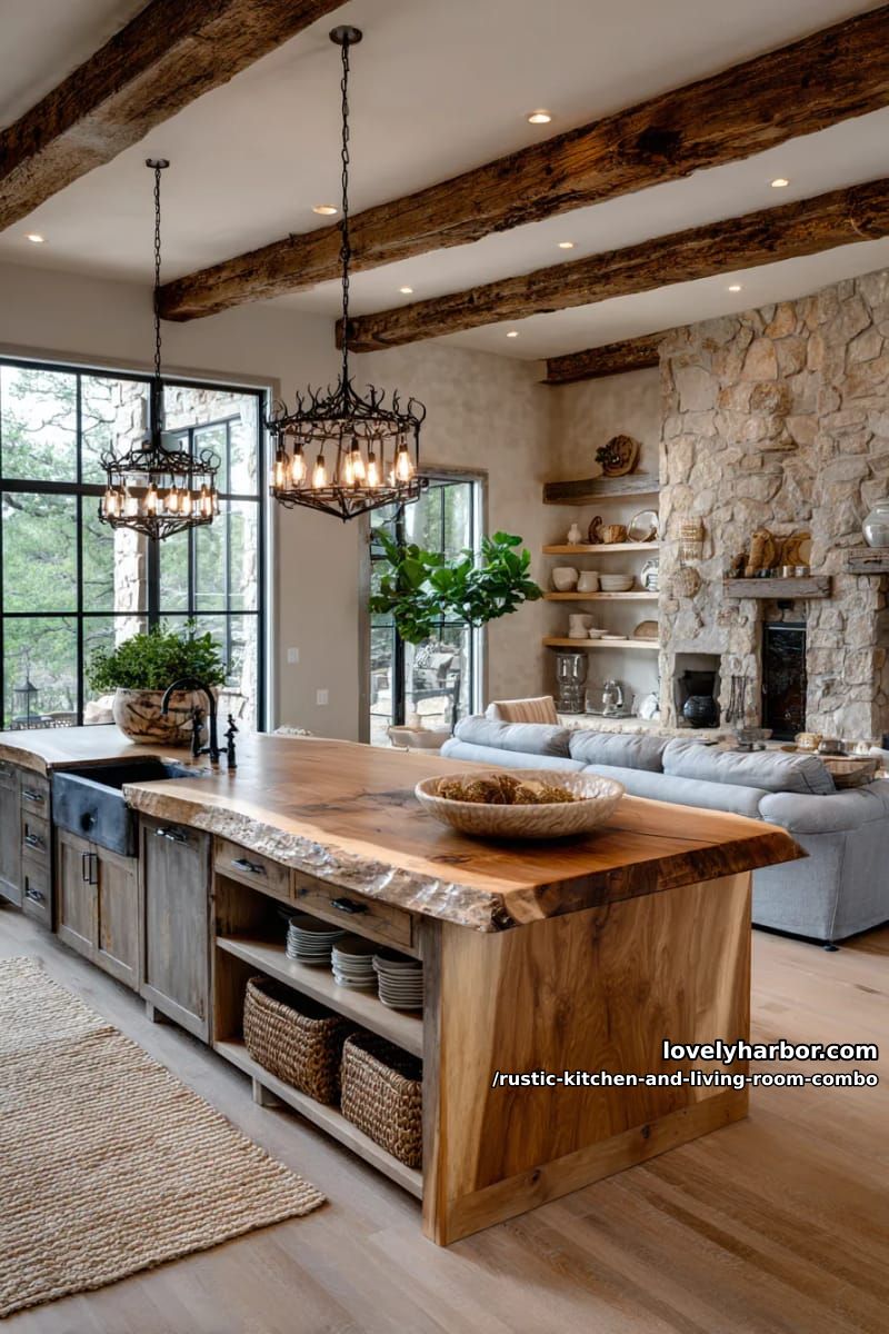 15 Rustic Kitchen and Living Room Combos for Modern Homes 15 Hanging wrought iron lighting over living wood island 1