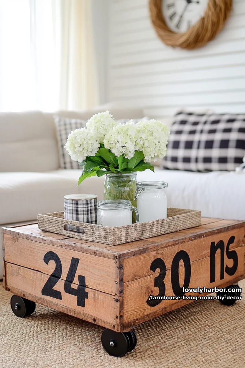 Turn boxes into a rolling coffee table with stenciled farmer's numbers. 1