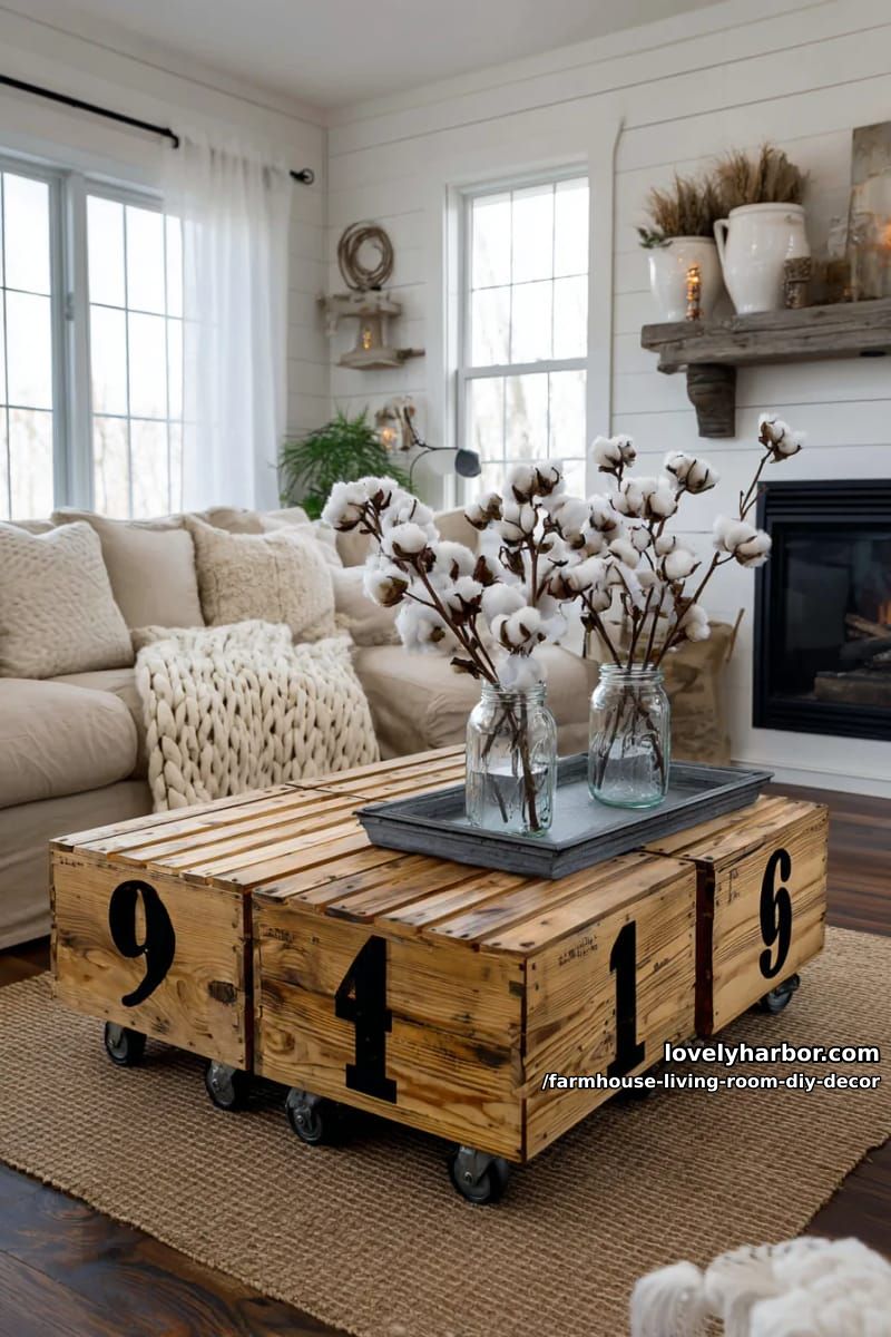 Turn boxes into a rolling coffee table with stenciled farmer's numbers. 1