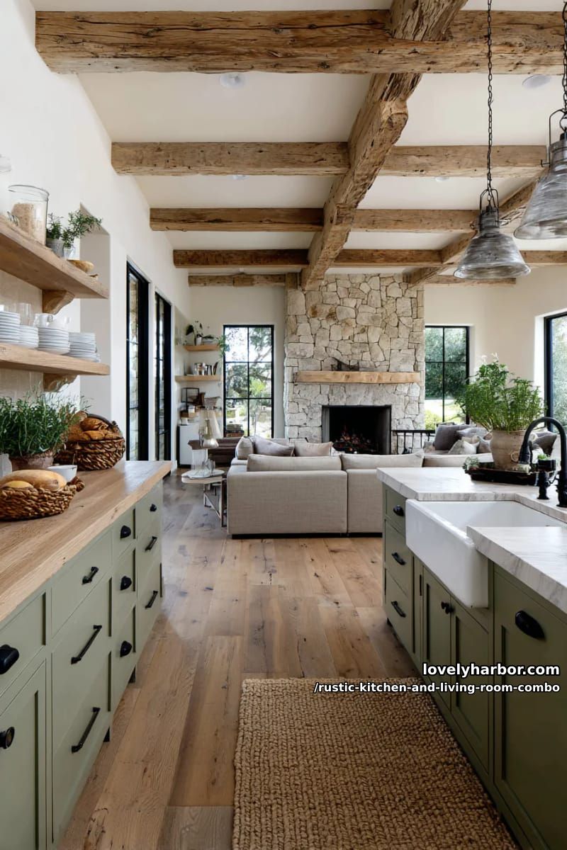 15 Rustic Kitchen and Living Room Combos for Modern Homes 32 Two-tone furniture in sage green and whitewashed oak on the border between kitchen and living room 1