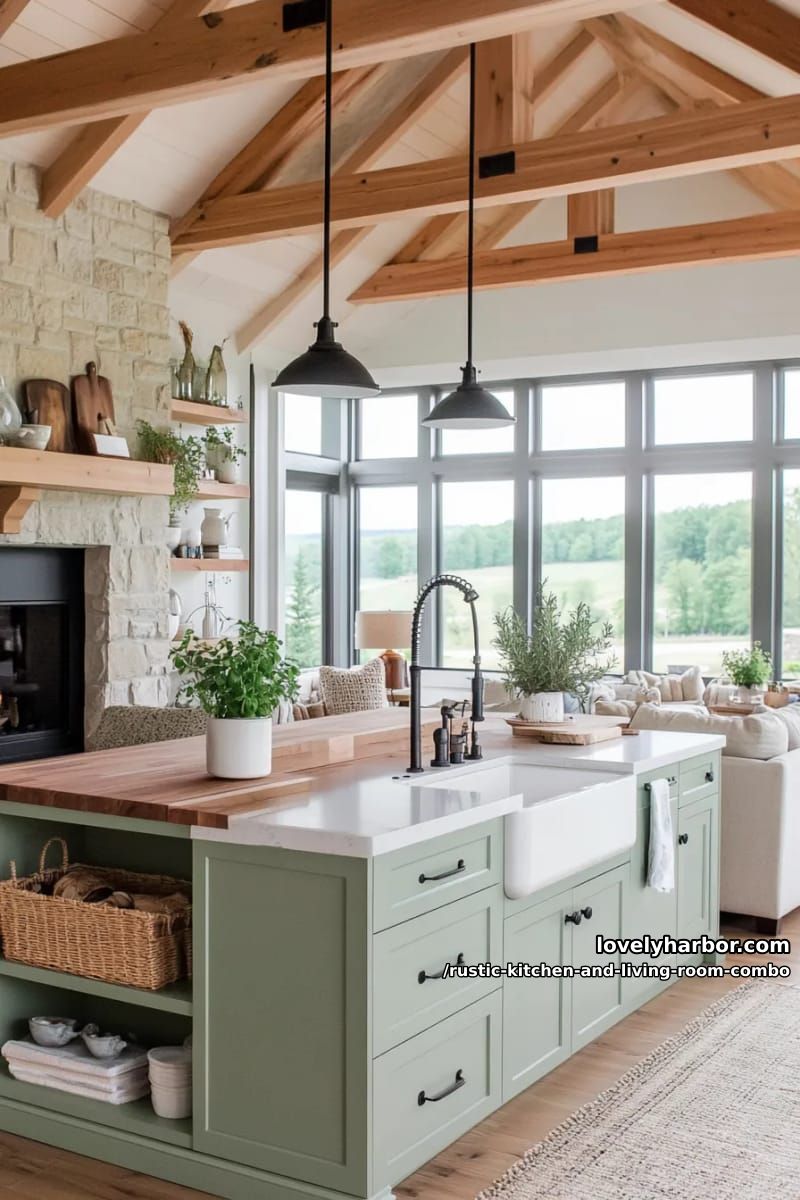 15 Rustic Kitchen and Living Room Combos for Modern Homes 33 Two-tone furniture in sage green and whitewashed oak on the border between kitchen and living room 1