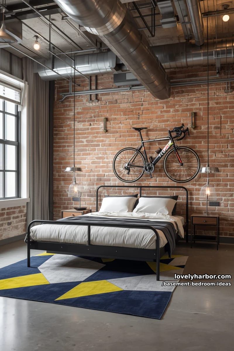 Urban loft look: metal bed frame, wall-mounted bike rack and geometric carpet 1
