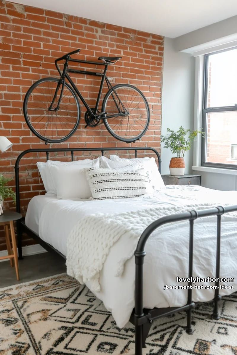 Urban loft look: metal bed frame, wall-mounted bike rack and geometric carpet 1