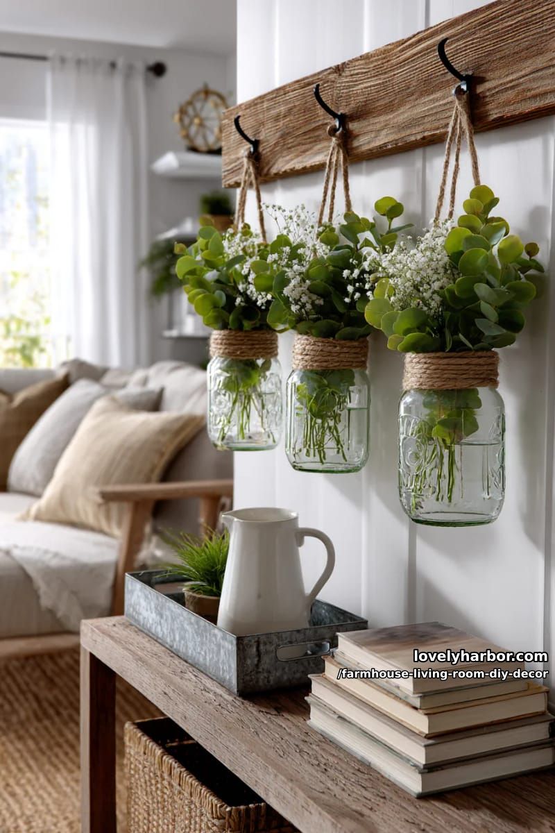 Use mason jars as wall vases with twine and faux greenery. 1