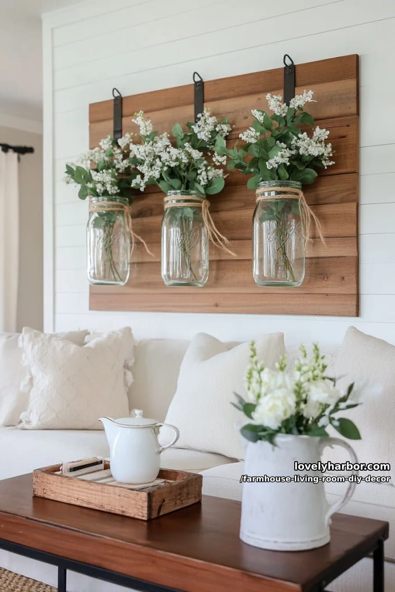 Use mason jars as wall vases with twine and faux greenery. 1