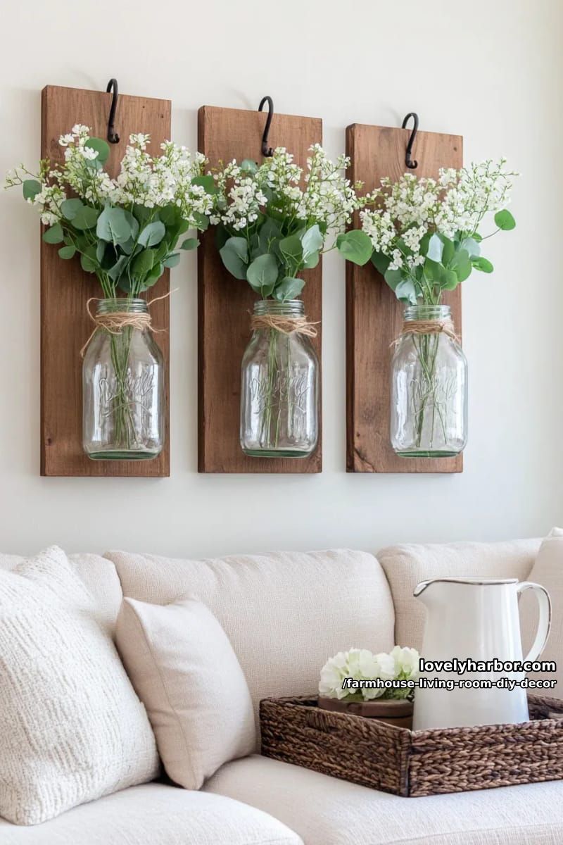 Use mason jars as wall vases with twine and faux greenery. 1