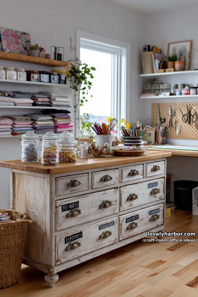 15 Versatile Craft Room Office Ideas for Modern Creatives 37 Vintage dresser repurposed as a craft center with labeled drawers 1