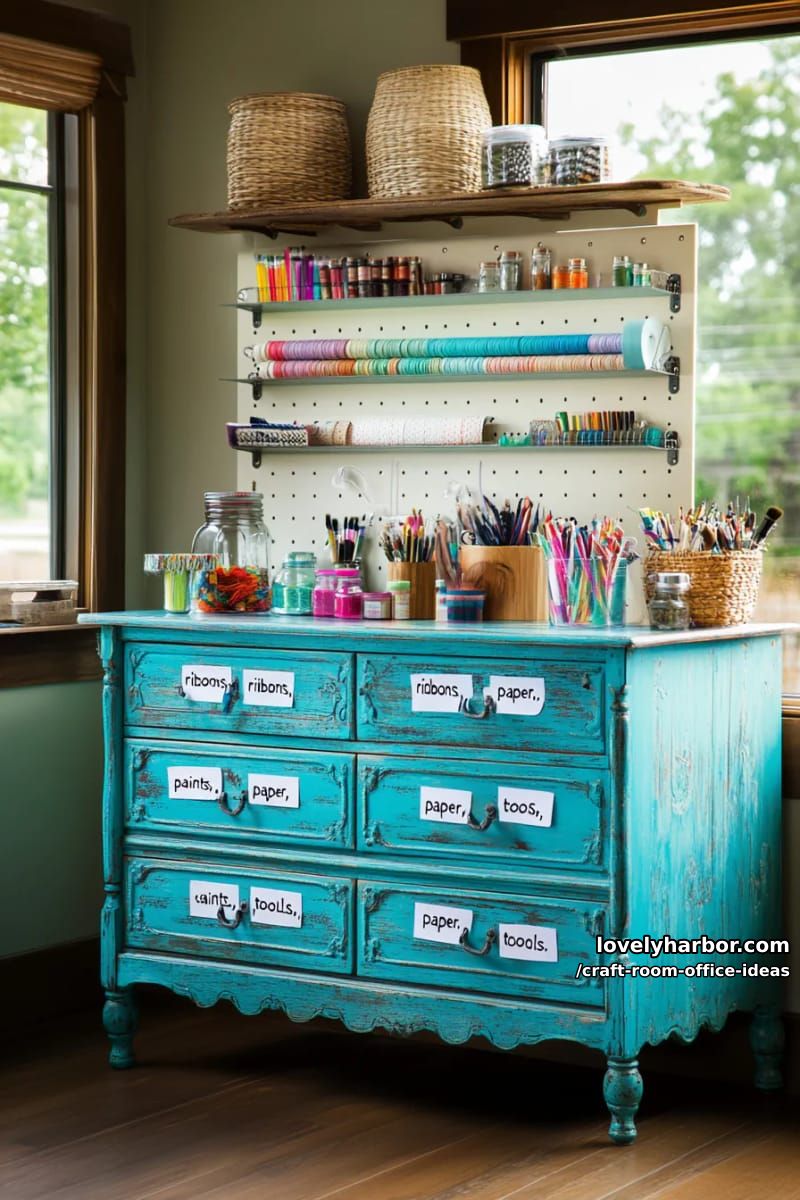 15 Versatile Craft Room Office Ideas for Modern Creatives 38 Vintage dresser repurposed as a craft center with labeled drawers 1
