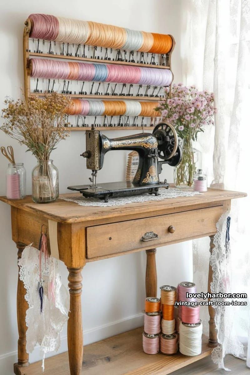 15 Vintage Craft Room Ideas for a Charming Creative Space 28 Vintage sewing machine vignette with pastel thread stands and dried flowers 1