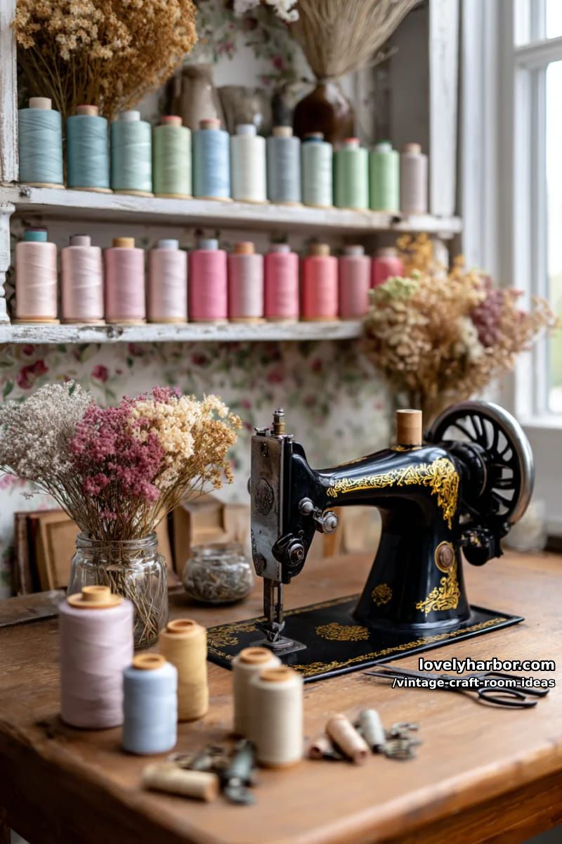 15 Vintage Craft Room Ideas for a Charming Creative Space 29 Vintage sewing machine vignette with pastel thread stands and dried flowers 1