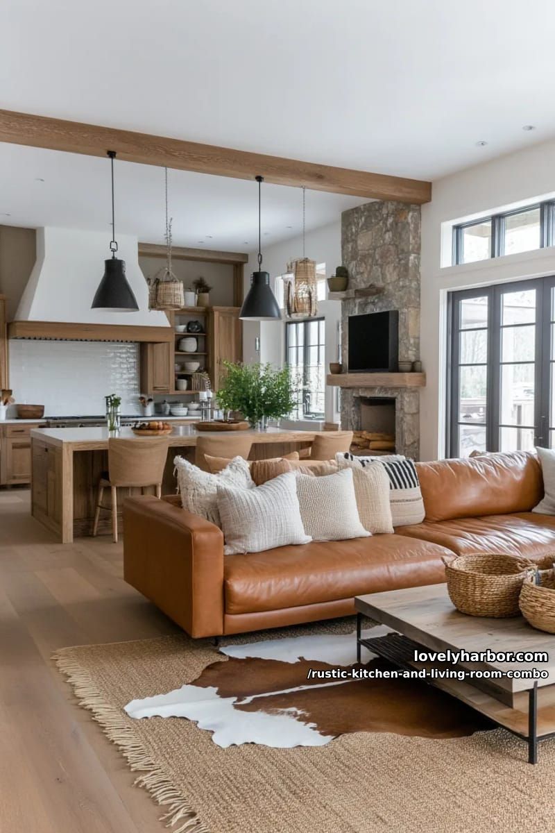 15 Rustic Kitchen and Living Room Combos for Modern Homes 16 Warm light brown leather cover paired with coarsely knitted throws and cowhide rug 1