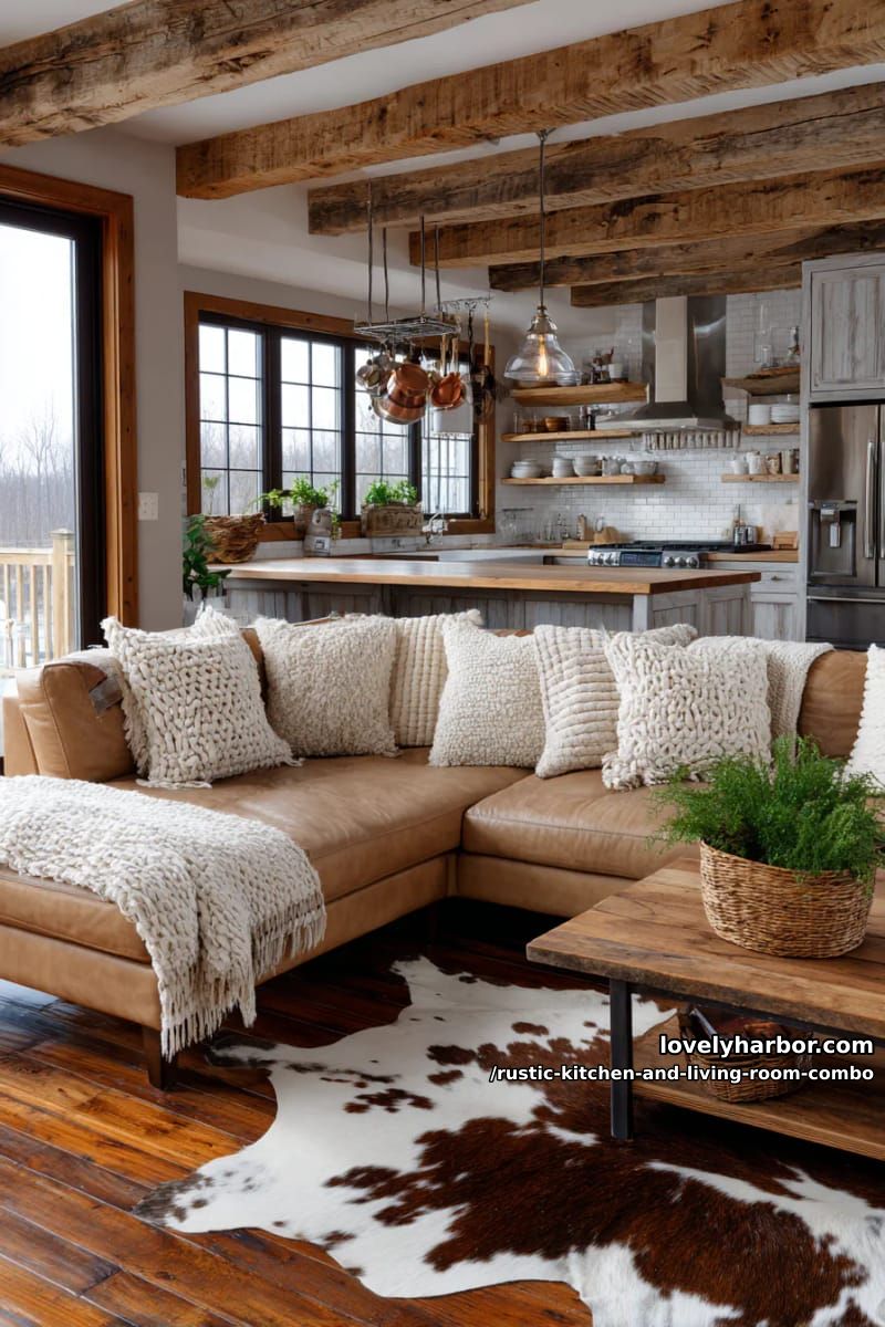 15 Rustic Kitchen and Living Room Combos for Modern Homes 17 Warm light brown leather cover paired with coarsely knitted throws and cowhide rug 1