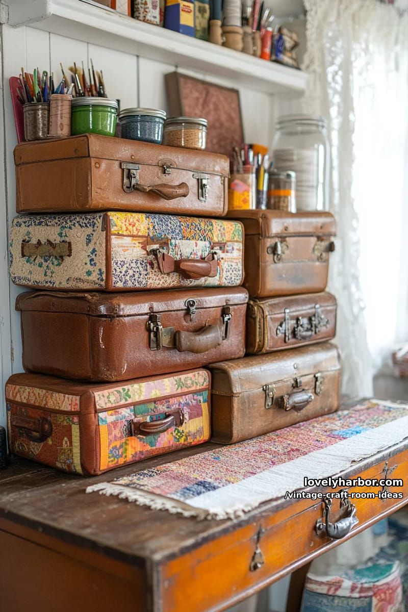 15 vintage craft room ideas for a charming creative space 16 Worn leather suitcases stacked as unique storage for colors and patterns 1