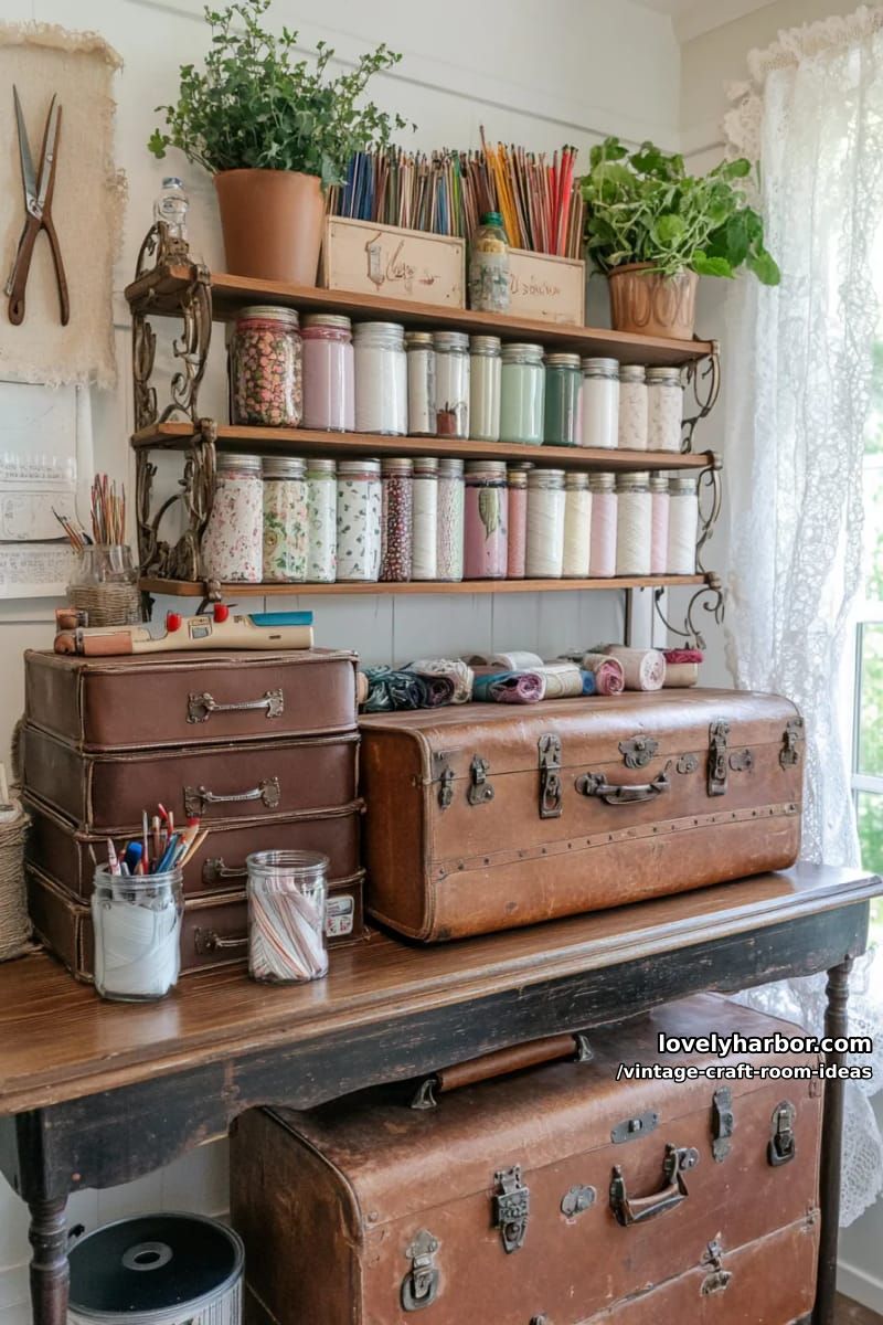 15 vintage craft room ideas for a charming creative space 17 Worn leather suitcases stacked as unique storage for colors and patterns 1