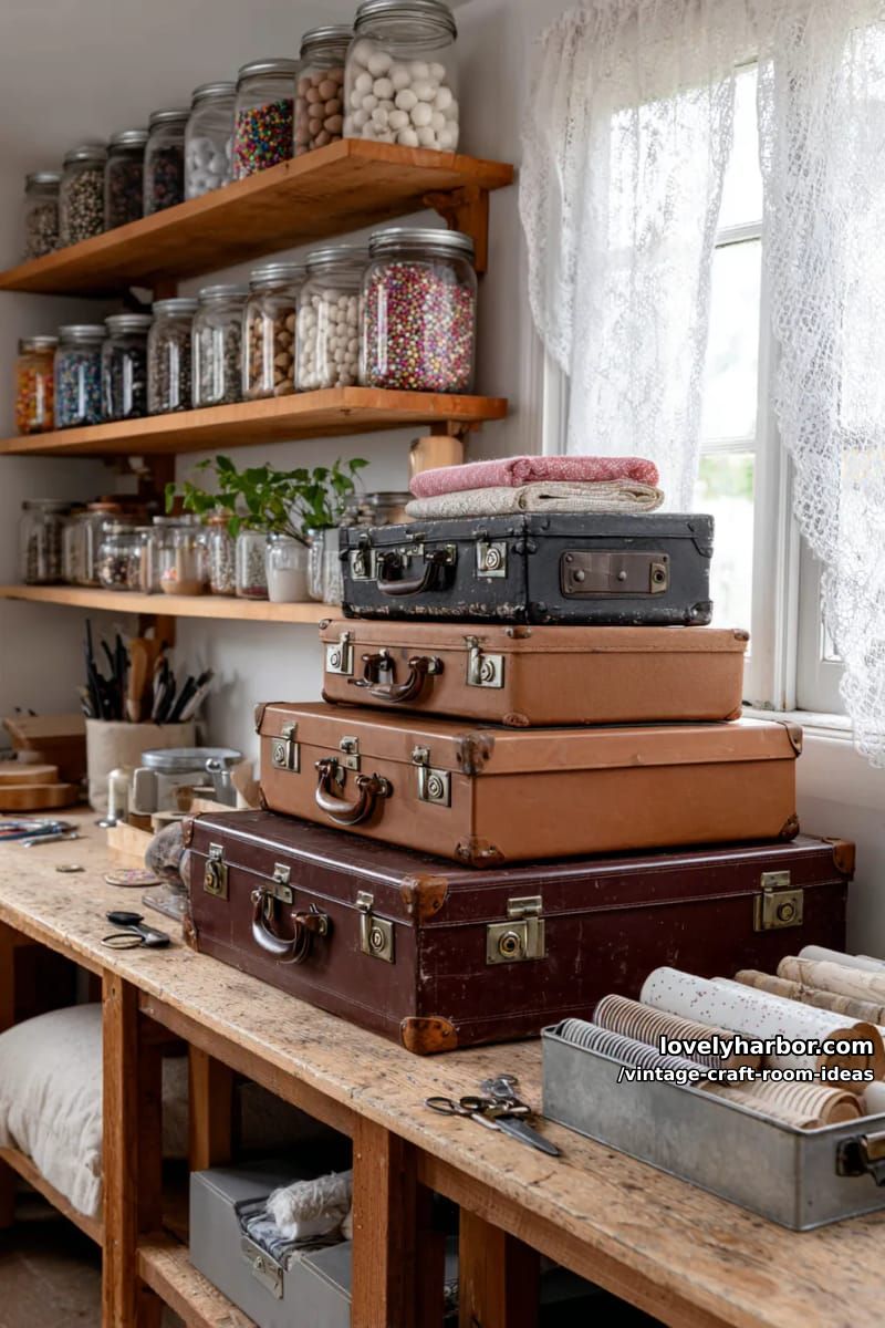 15 vintage craft room ideas for a charming creative space 18 Worn leather suitcases stacked as unique storage for colors and patterns 1