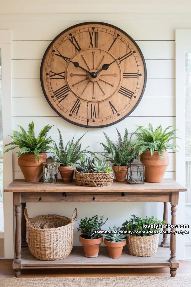 Wrought iron wall clock above a rustic wooden console full of potted plants 1