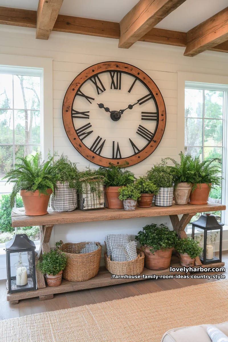 Wrought iron wall clock above a rustic wooden console full of potted plants 1